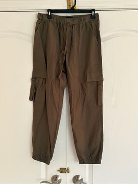 Green Cargo Jogger Pants - Elastic Waist & Drawstring